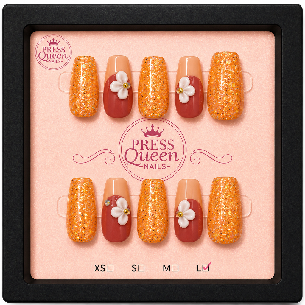 Golden Harvest | Orange Glitter Floral Press-On Nails