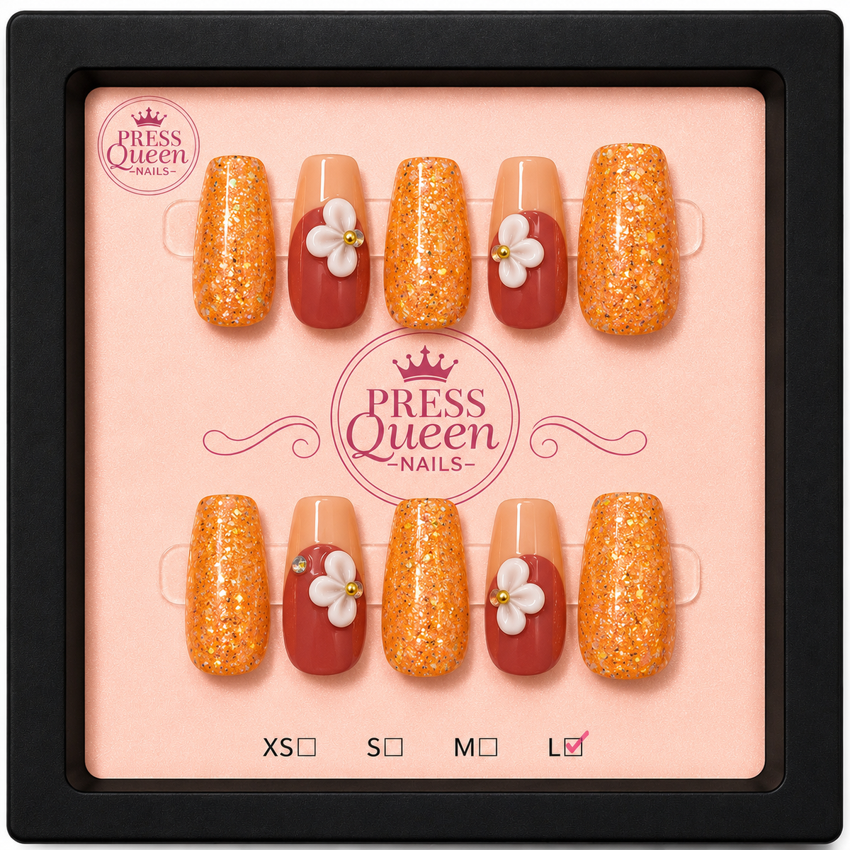 Golden Harvest | Orange Glitter Floral Press-On Nails