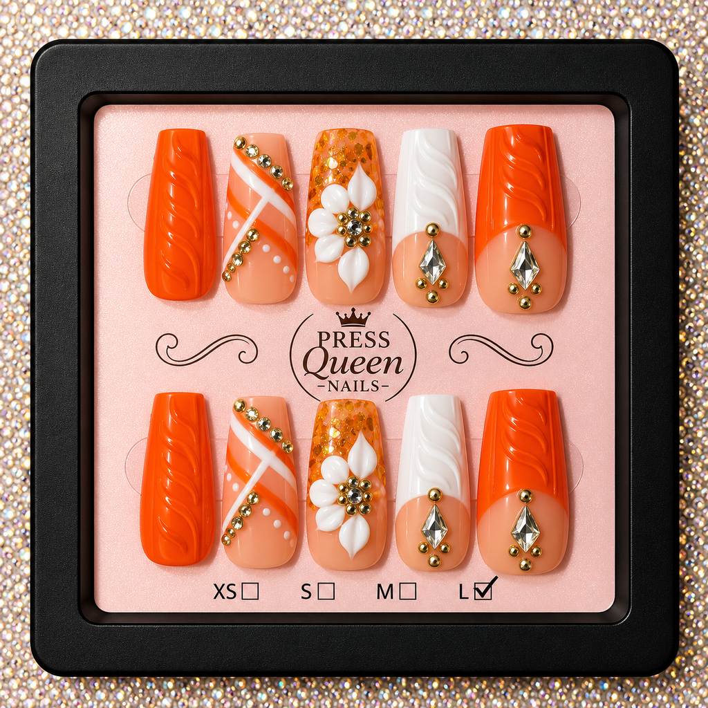 Golden Tangerine | Orange Floral Crystal Press-On Nails