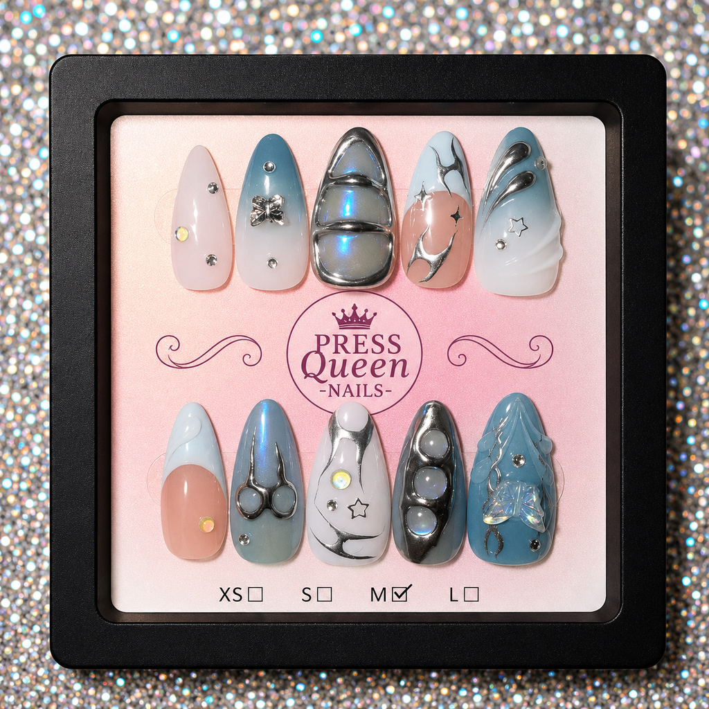 Silver Moonlight | Blue Chrome Celestial Press-On Nails
