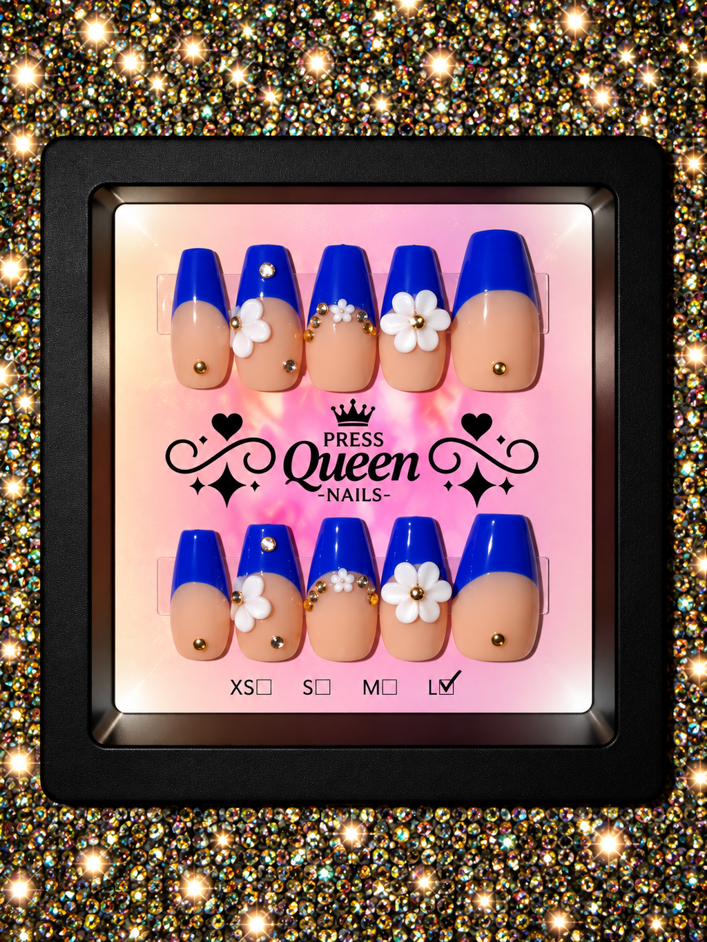 Royal Bloom | Royal Blue French Tip Floral Press-On Nails