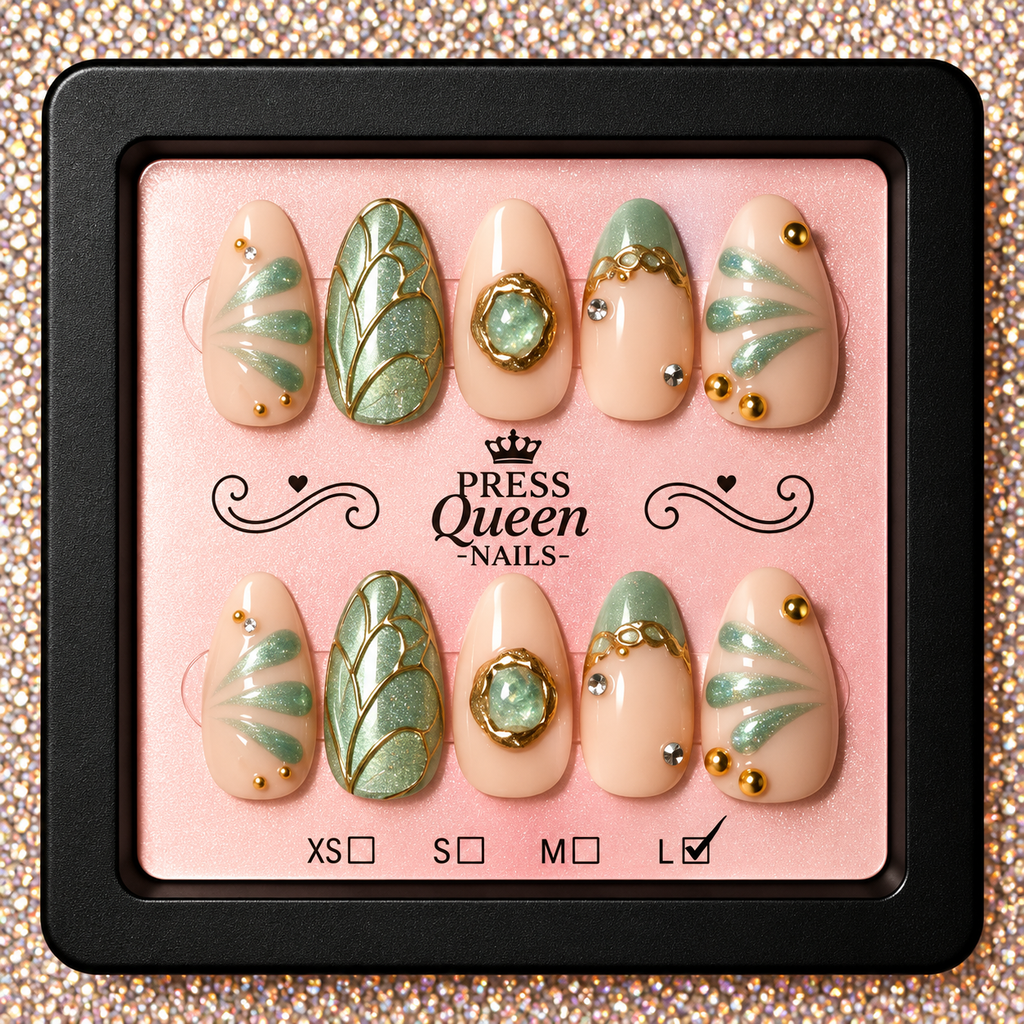 Sage Royalty | Sage Green & Gold Jeweled Press-On Nails