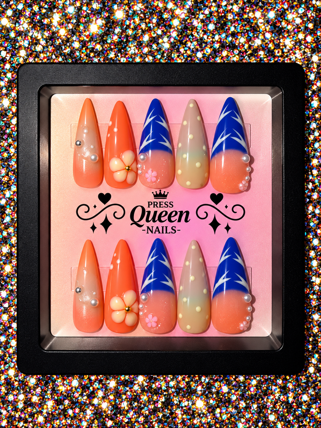 Tropical Sunset | Orange & Cobalt Blue 3D Floral Press-On Nails
