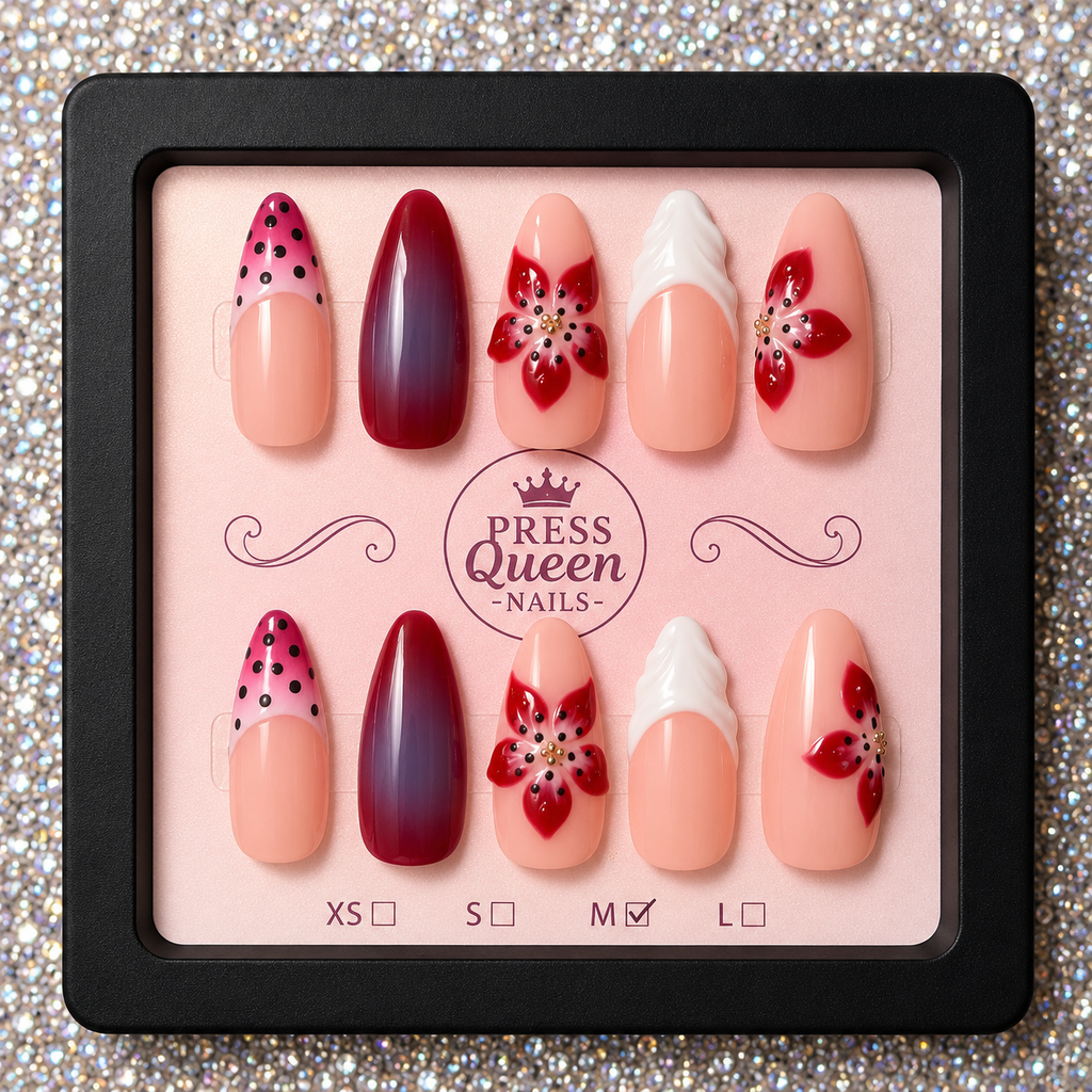 Crimson Bloom | Red Floral French Press-On Nails