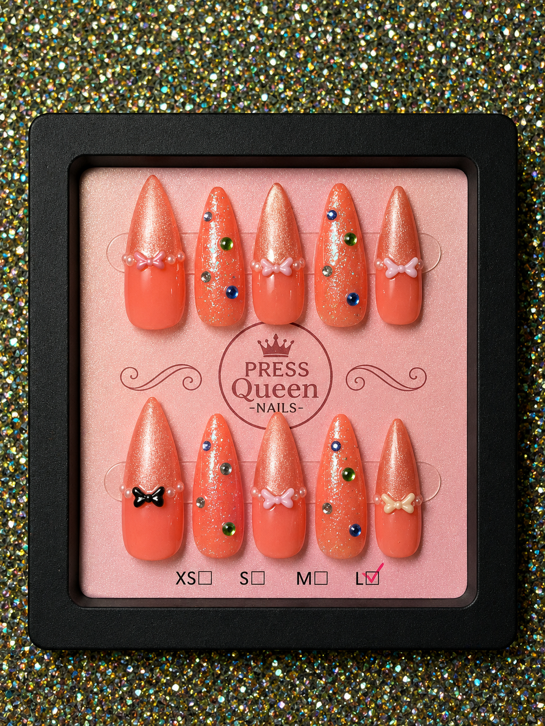 Peachy Princess | Coral Glitter Bow Press-On Nails