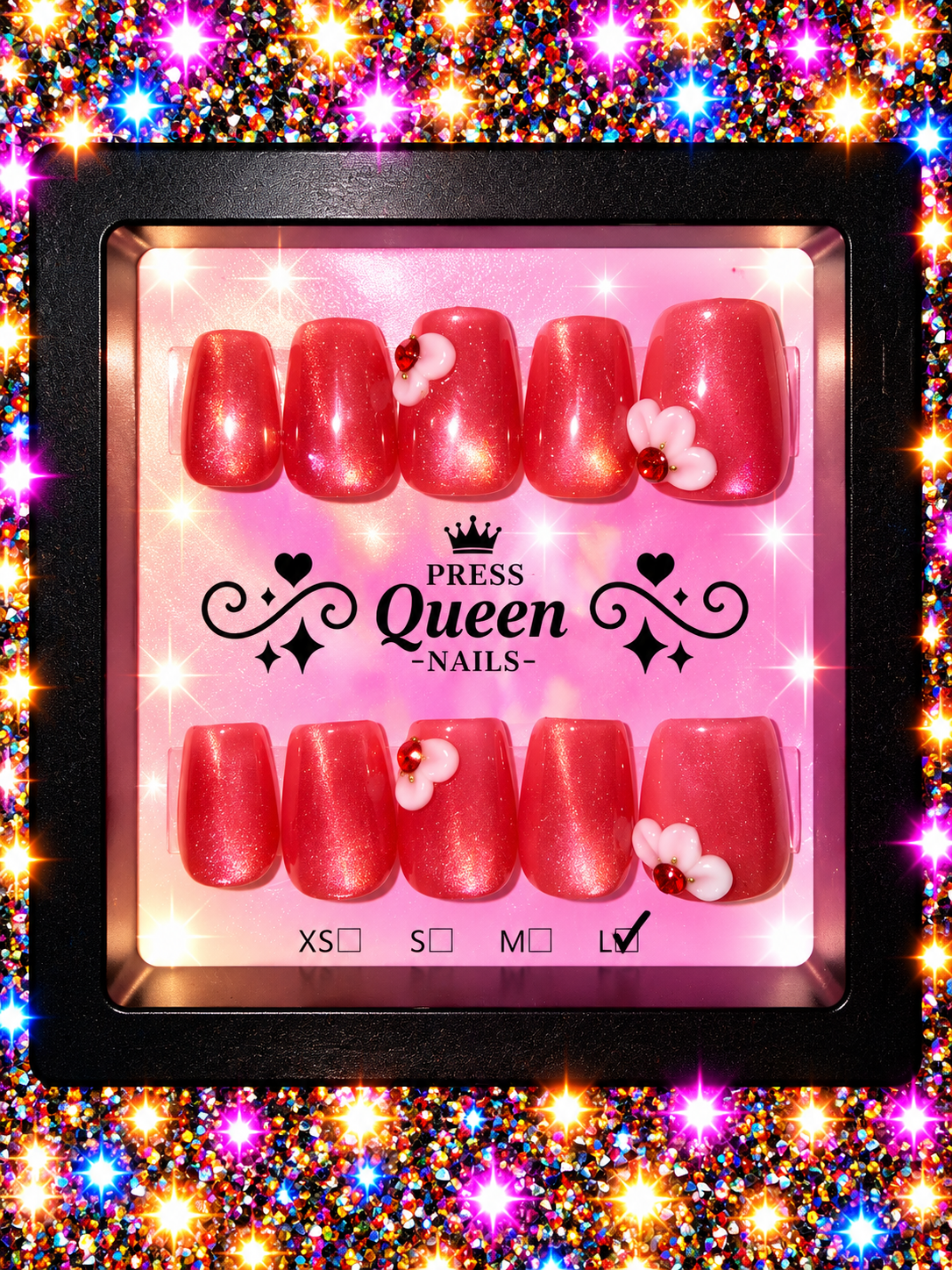 Ruby Blossom | Shimmer Red Floral Press-On Nails