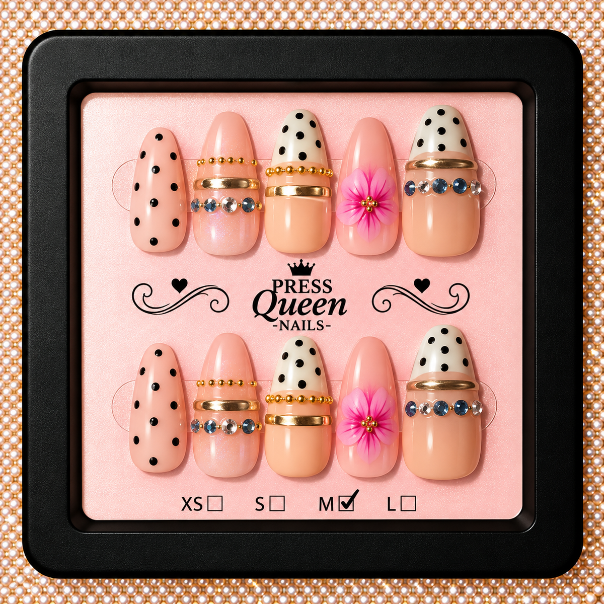 Polka Dot Princess | Nude, Black & Gold Press-On Nails
