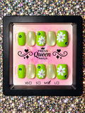 Lime Daisy Glow | Green & Shimmer Floral Press-On Nails