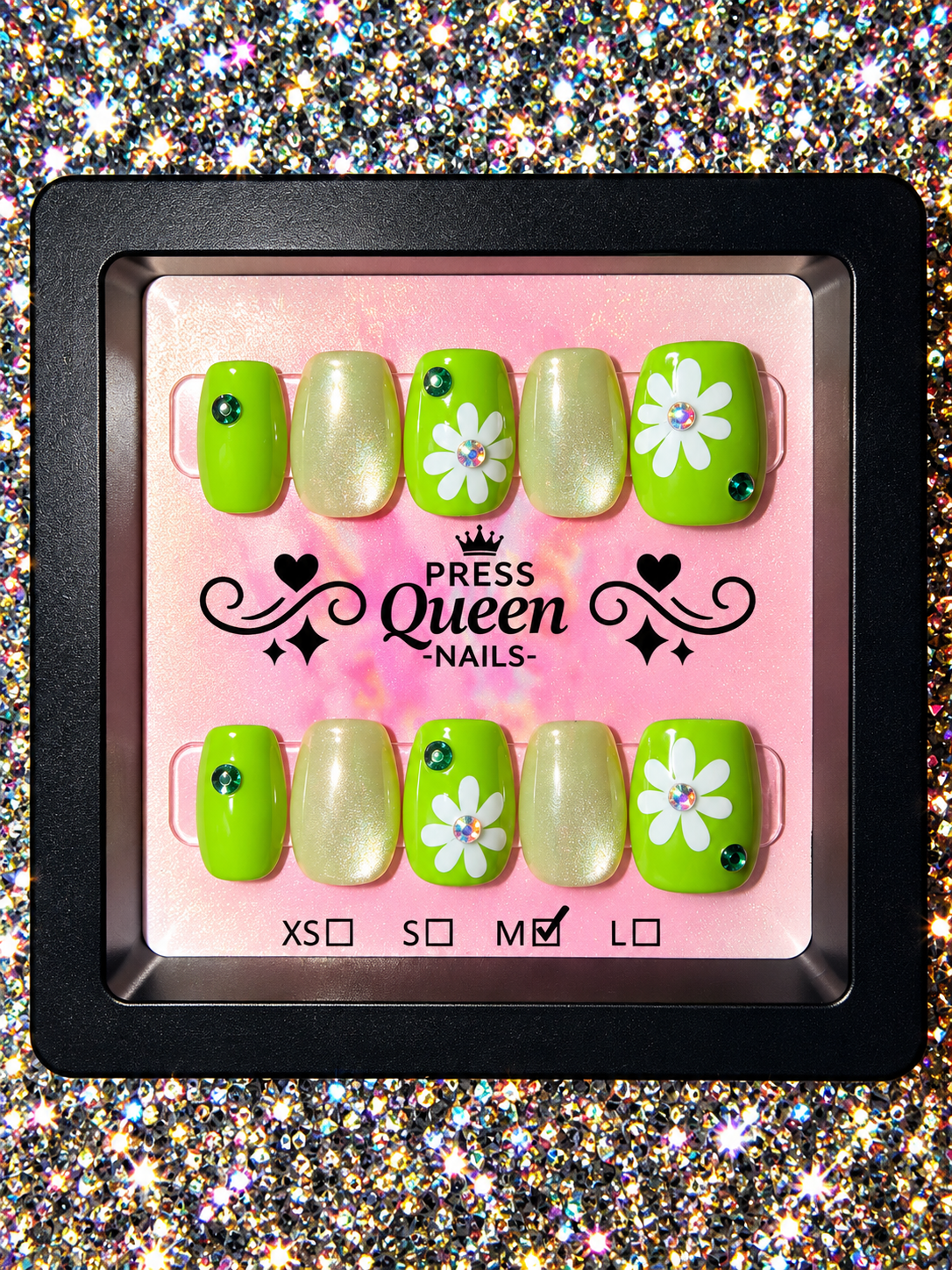 Lime Daisy Glow | Green & Shimmer Floral Press-On Nails