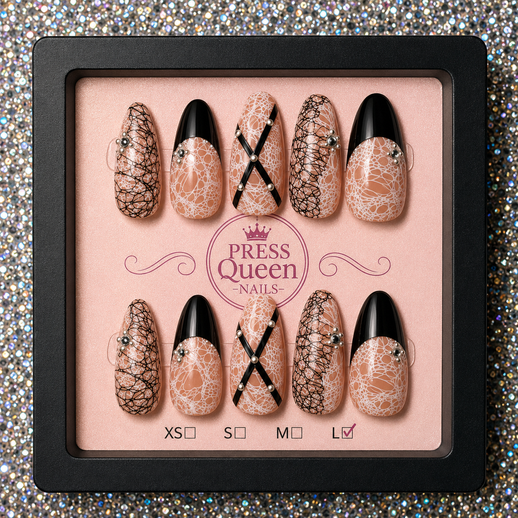Midnight Lace | Nude & Black Luxury Press-On Nails