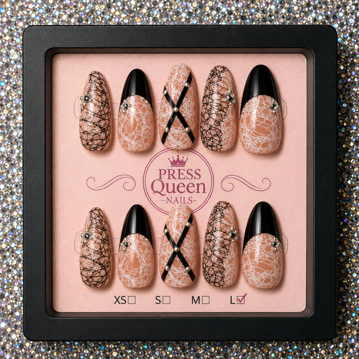 Midnight Lace | Nude & Black Luxury Press-On Nails