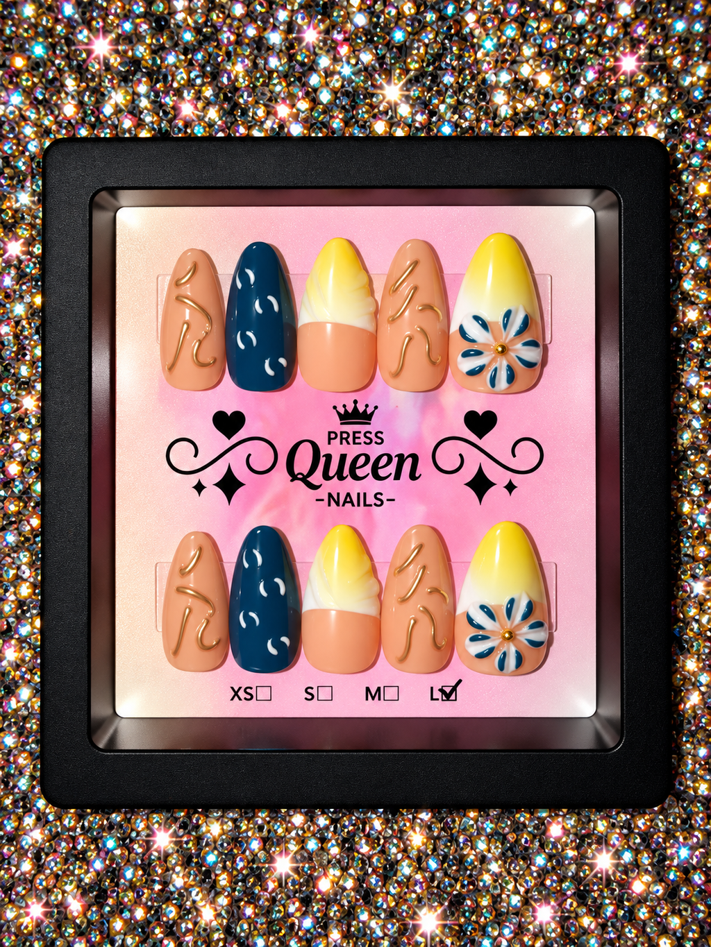 Golden Coast | Navy, Yellow & Nude Floral Press-On Nails
