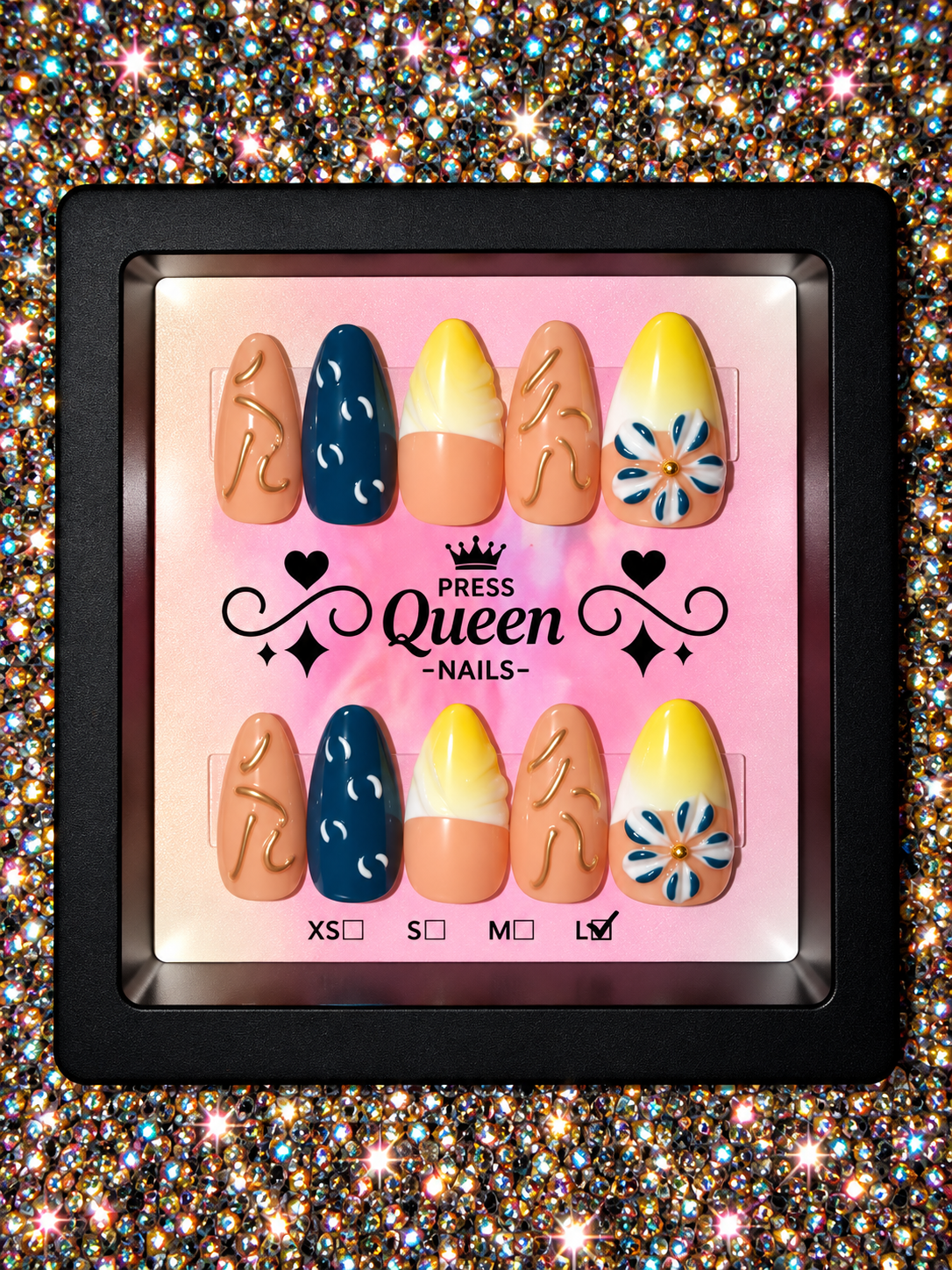Golden Coast | Navy, Yellow & Nude Floral Press-On Nails