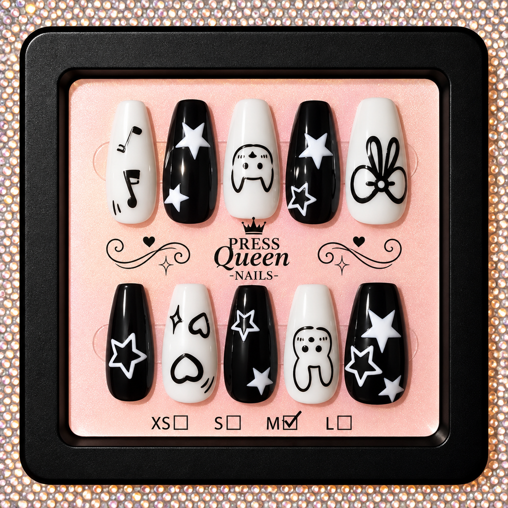 Midnight Doodle | Black & White Graphic Press-On Nails