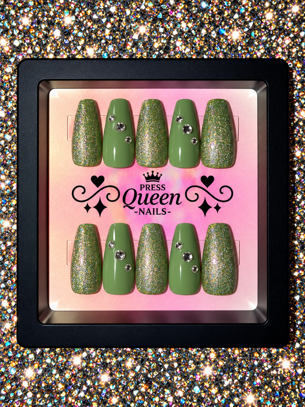 Emerald Spark | Olive Green Glitter & Rhinestone Press-On Nails