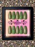 Emerald Spark | Olive Green Glitter & Rhinestone Press-On Nails