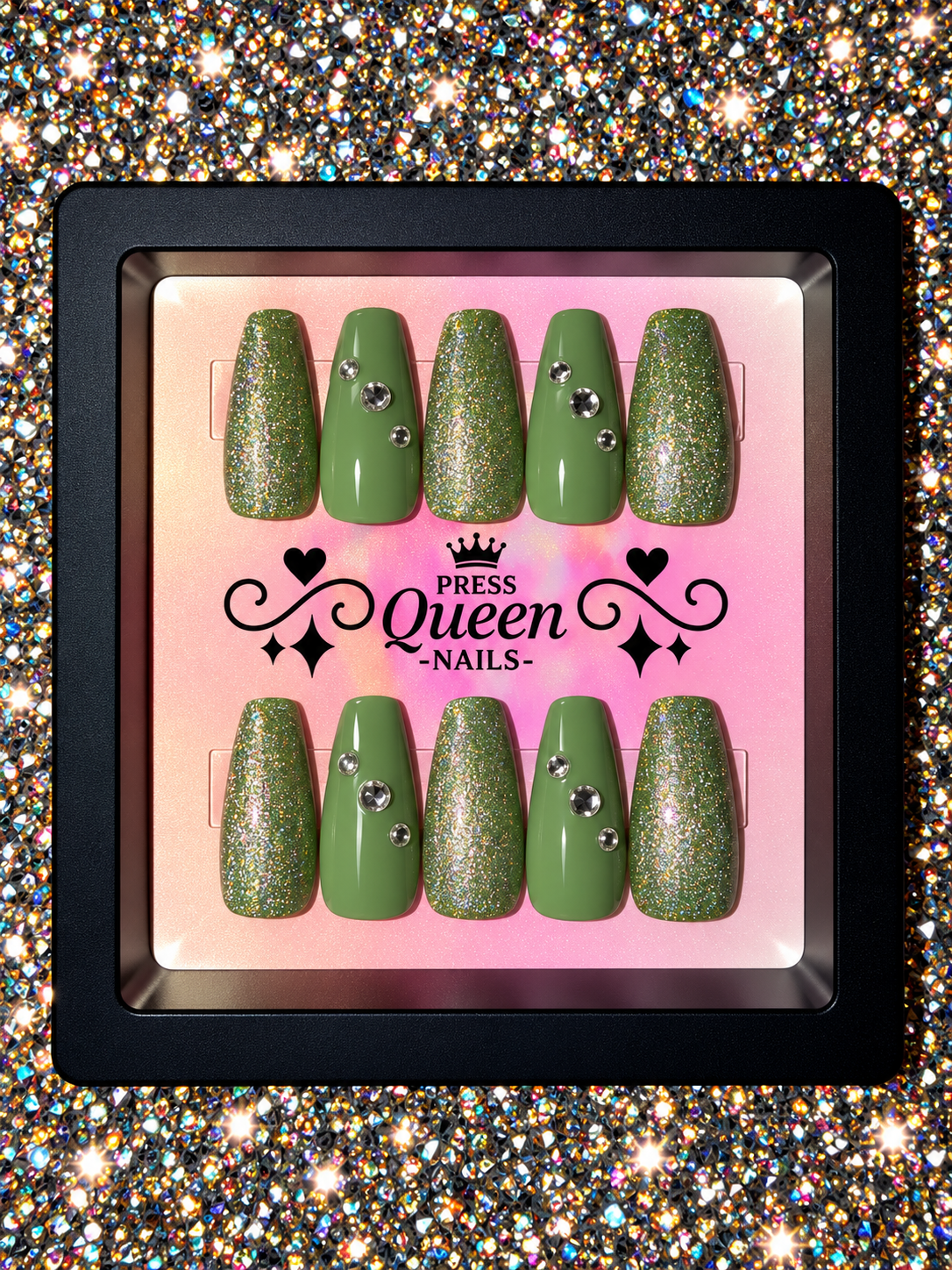 Emerald Spark | Olive Green Glitter & Rhinestone Press-On Nails