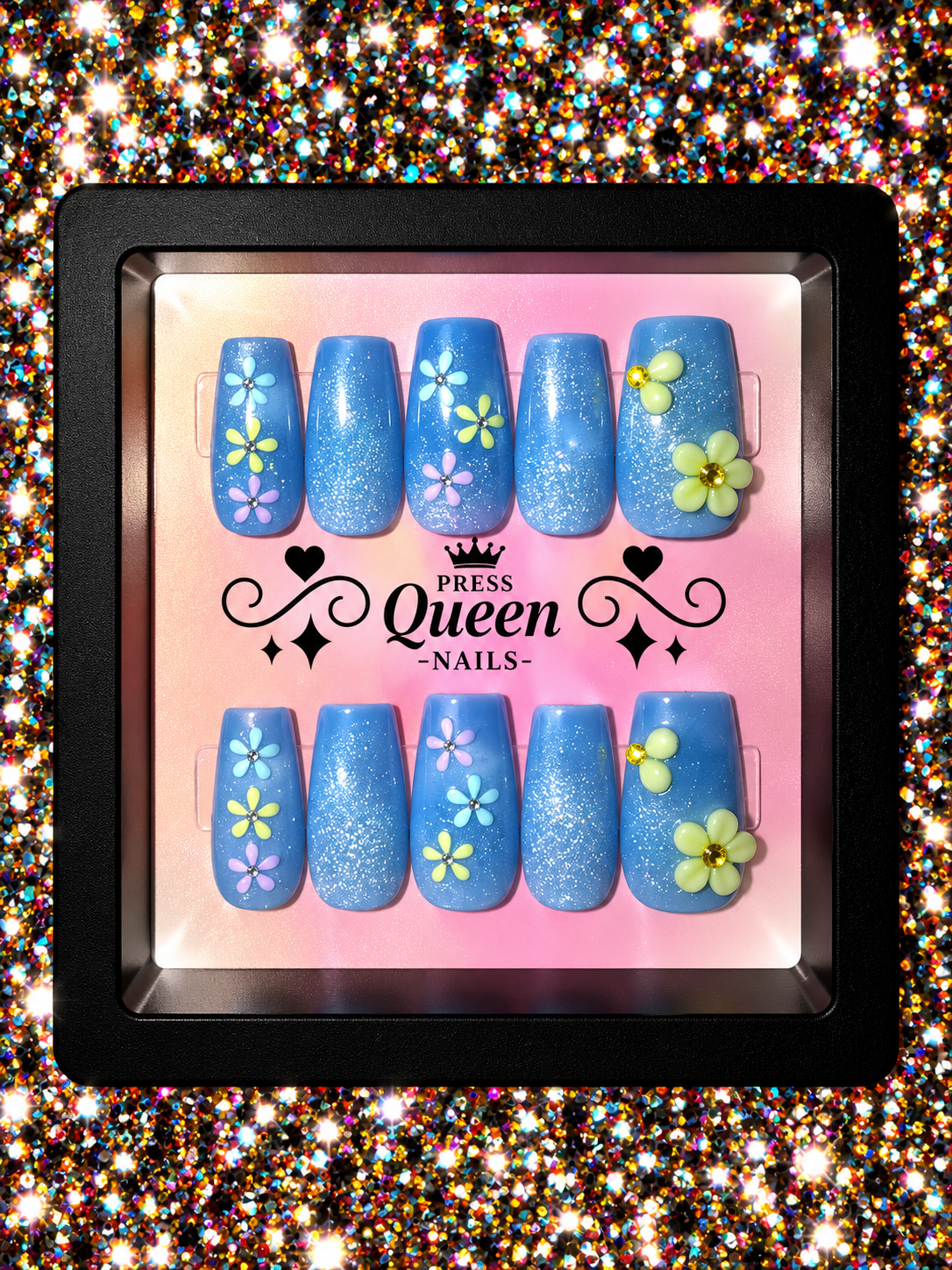 Blue Blossom | Sparkle Floral Press-On Nails