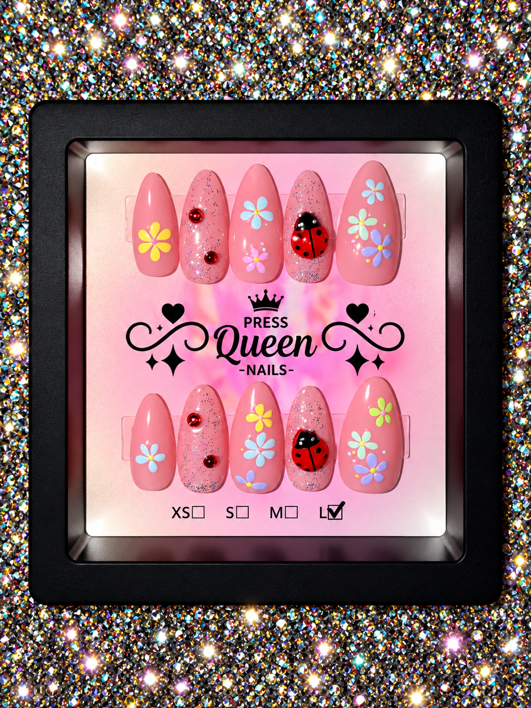 Ladybug Love | Pink Floral Ladybug Press-On Nails
