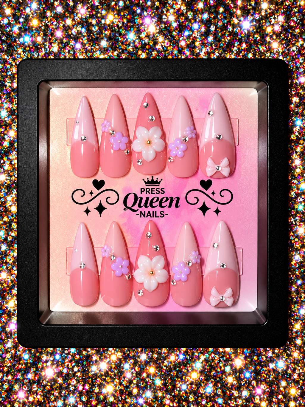 Pink Petals | 3D Floral & Rhinestone Press-On Nails