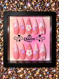 Pink Petals | 3D Floral & Rhinestone Press-On Nails