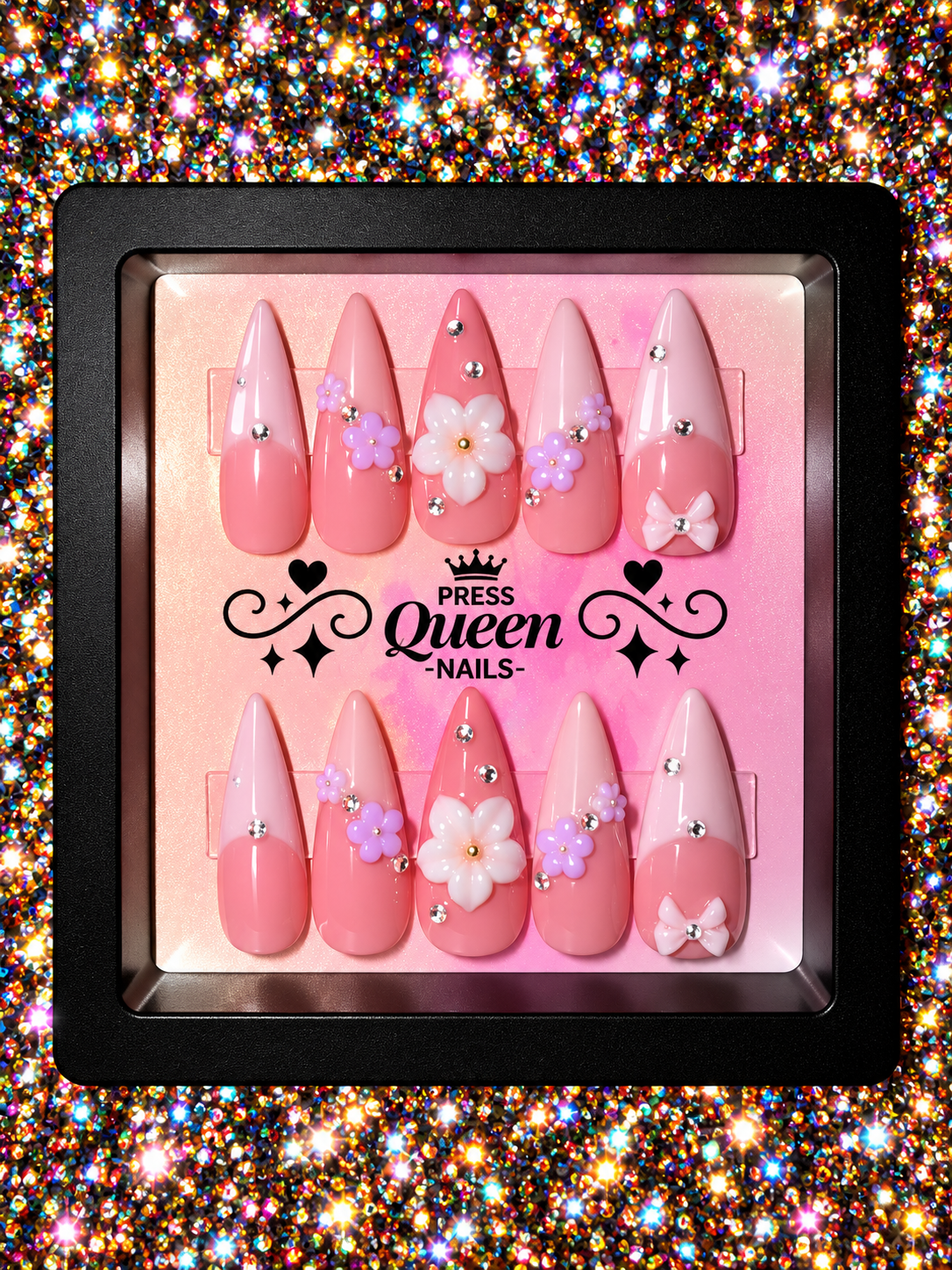 Pink Petals | 3D Floral & Rhinestone Press-On Nails