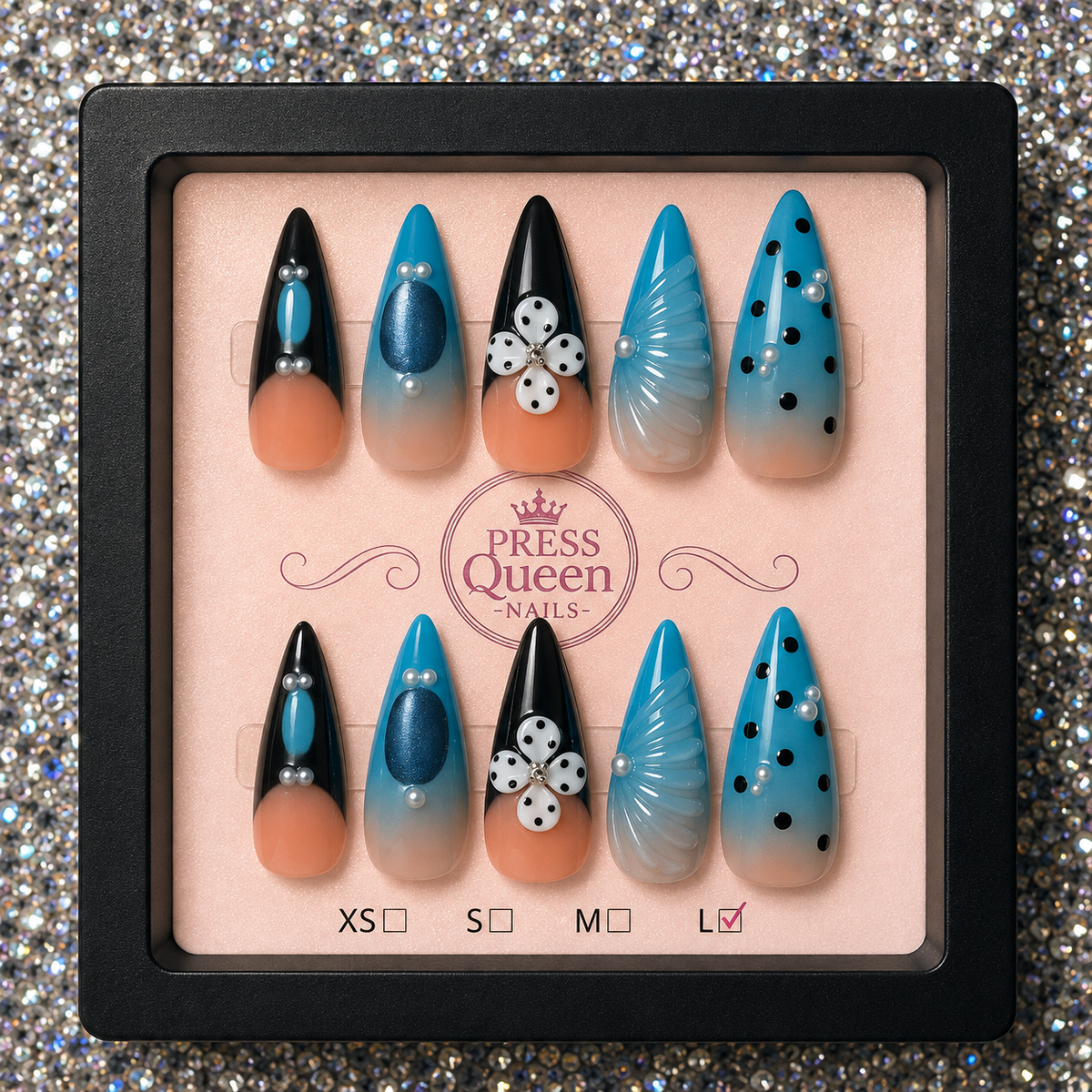 Blue Belle | Blue, Black & Nude Stiletto Press-On Nails