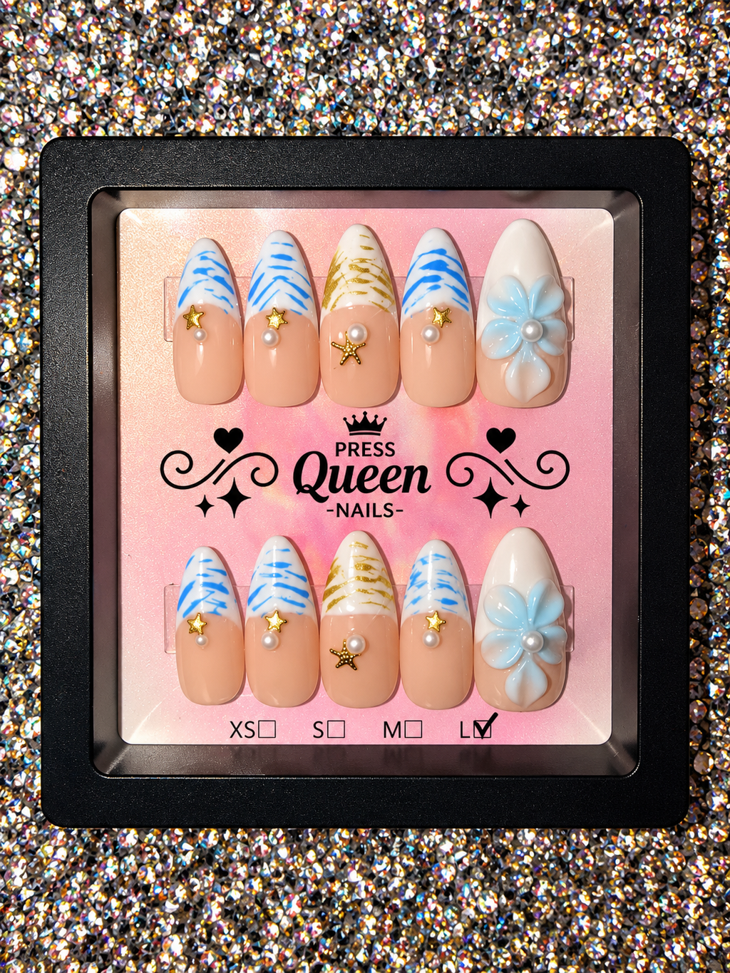 Coastal Goddess | Blue, Gold & Nude 3D Floral Press-On Nails