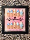 Coastal Goddess | Blue, Gold & Nude 3D Floral Press-On Nails