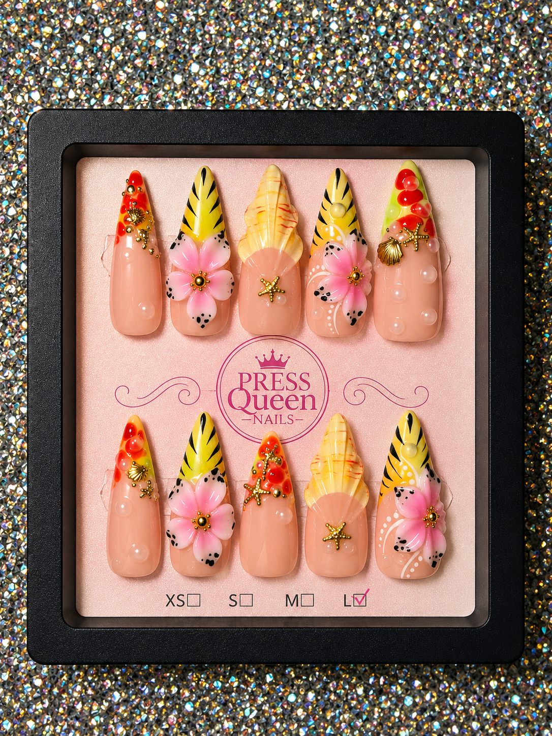 Tropical Treasure | Floral & Seashell Stiletto Press-On Nails