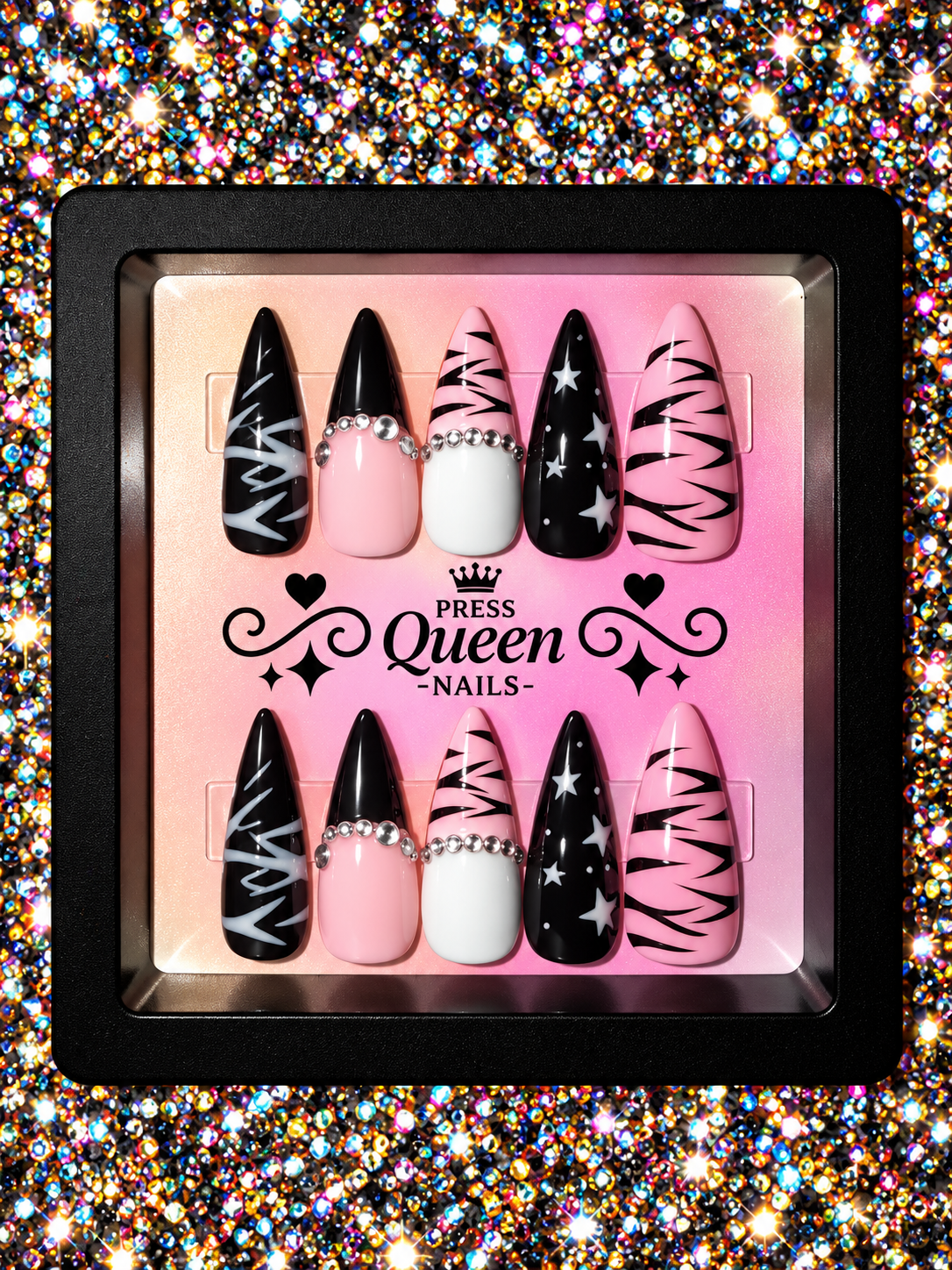 Rebel Rockstar | Pink, Black & Rhinestone Press-On Nails
