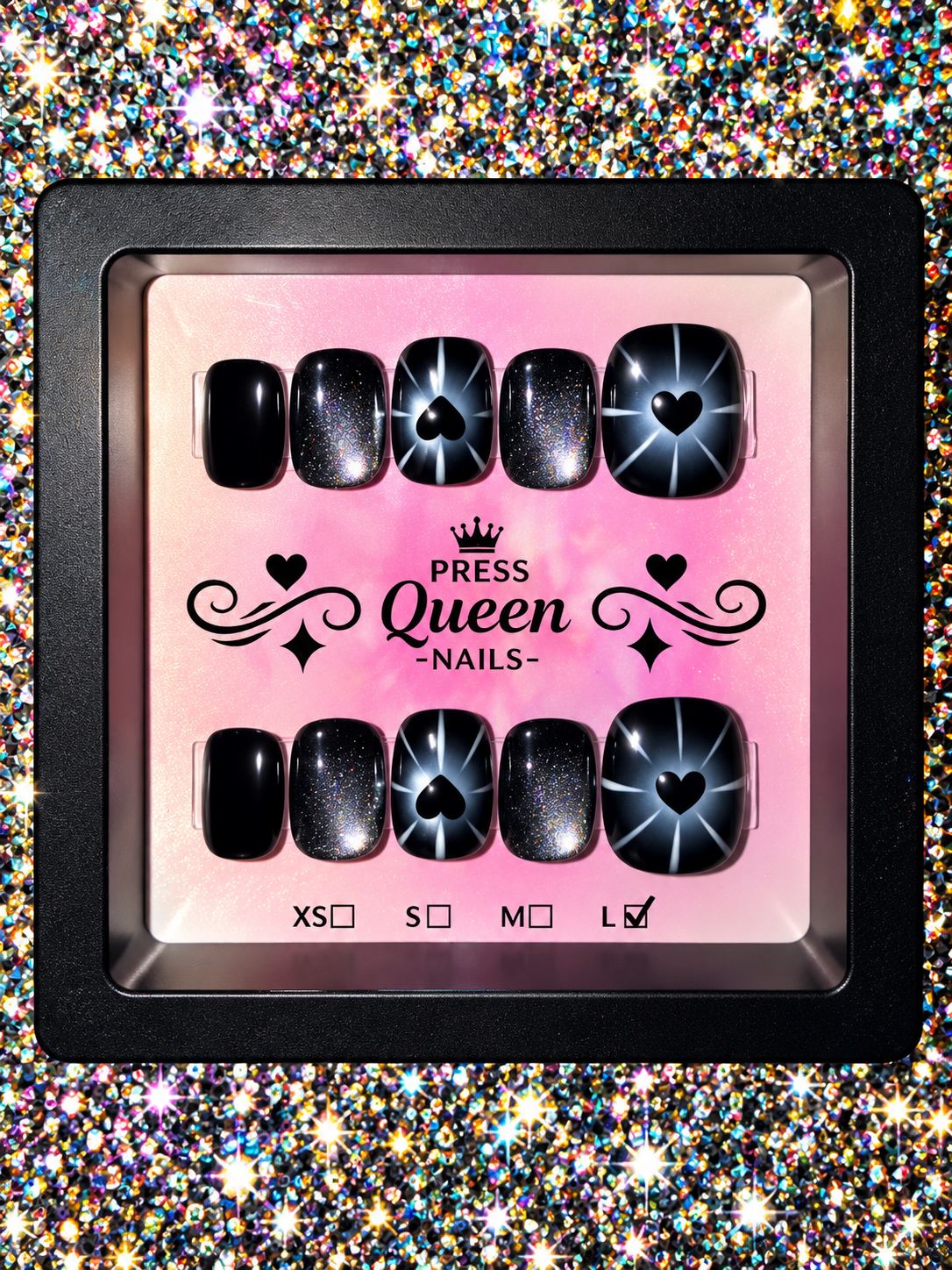 Midnight Love | Black Glitter Heart Press-On Nails