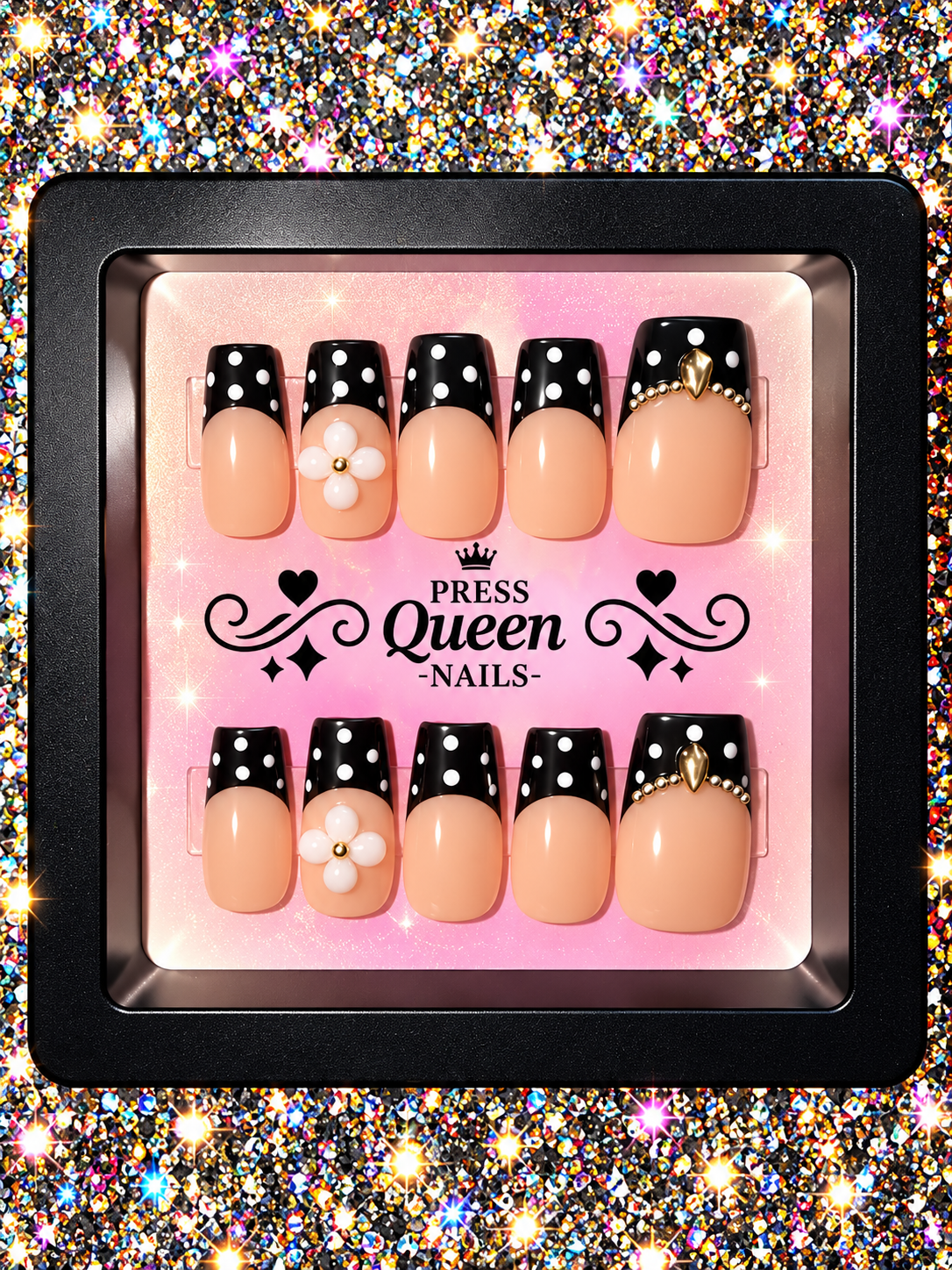 Polka Dot Princess | Black & Nude French Press-On Nails