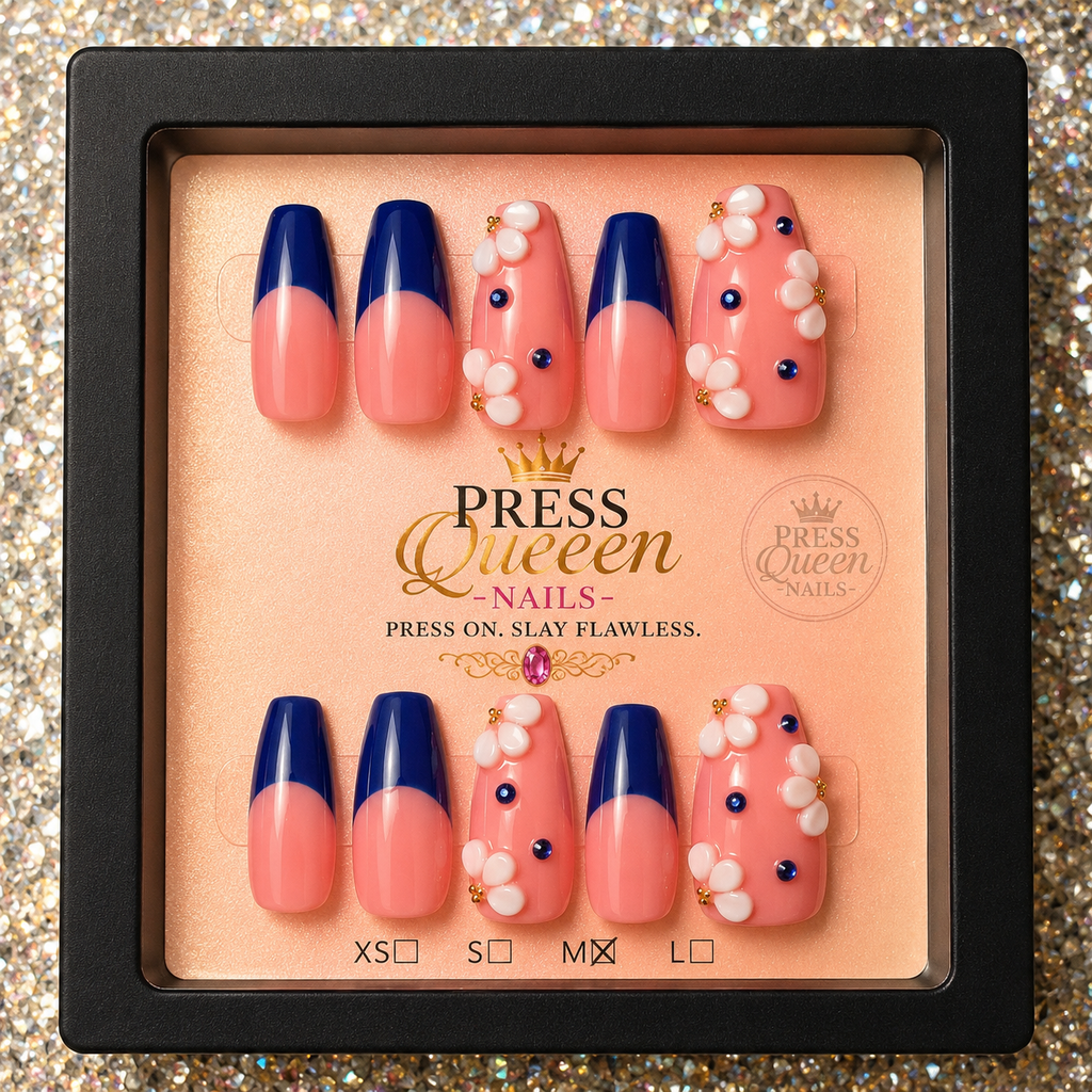 Royal Blossom | Navy Blue French Tip Floral Press-On Nails