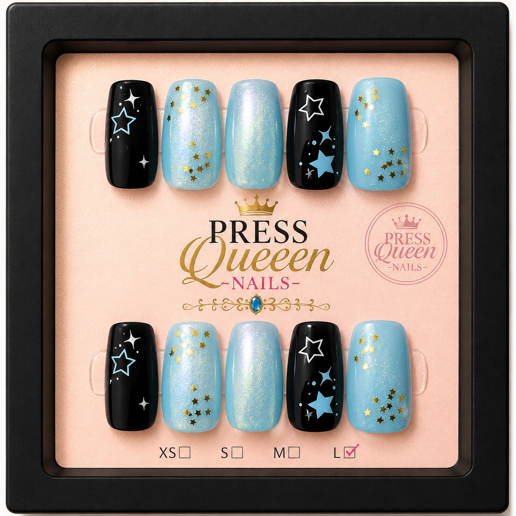 Midnight Wishes | Black & Baby Blue Star Press-On Nails