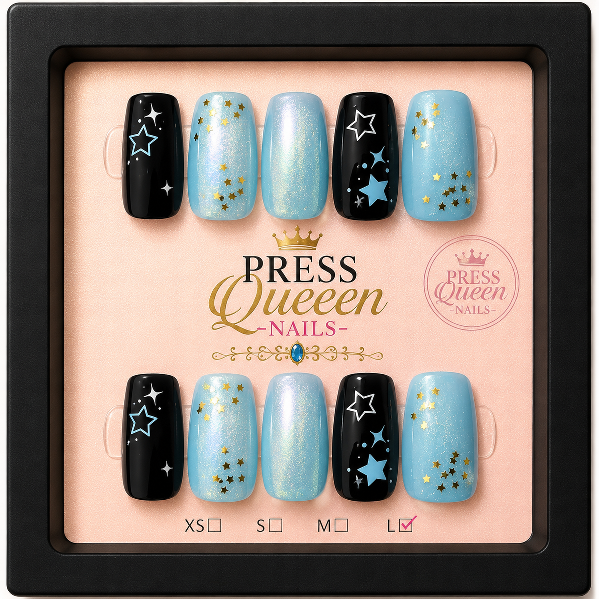 Midnight Wishes | Black & Baby Blue Star Press-On Nails