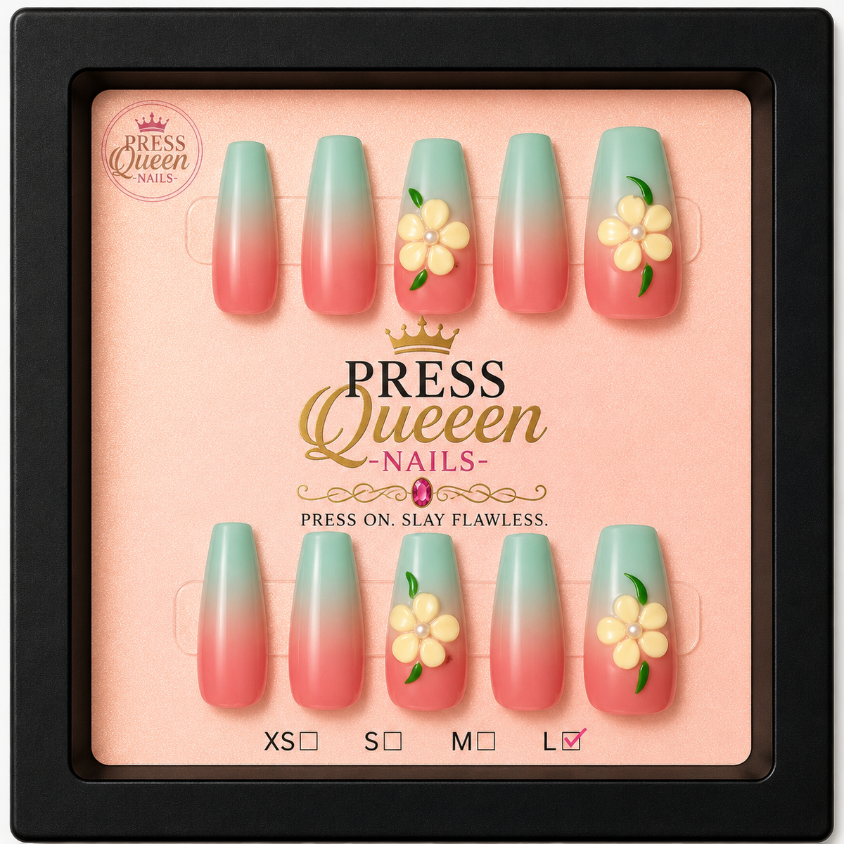 Mint Blossom | Mint Green & Coral Floral Press-On Nails