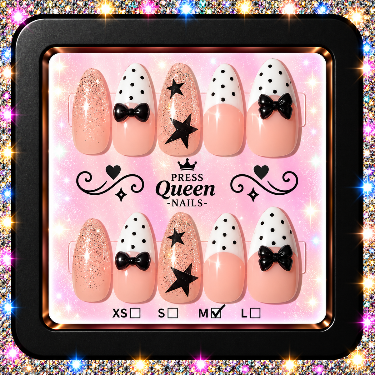 Pretty & Polished | Blush Pink, Black Bow & Polka Dot Press-On Nails