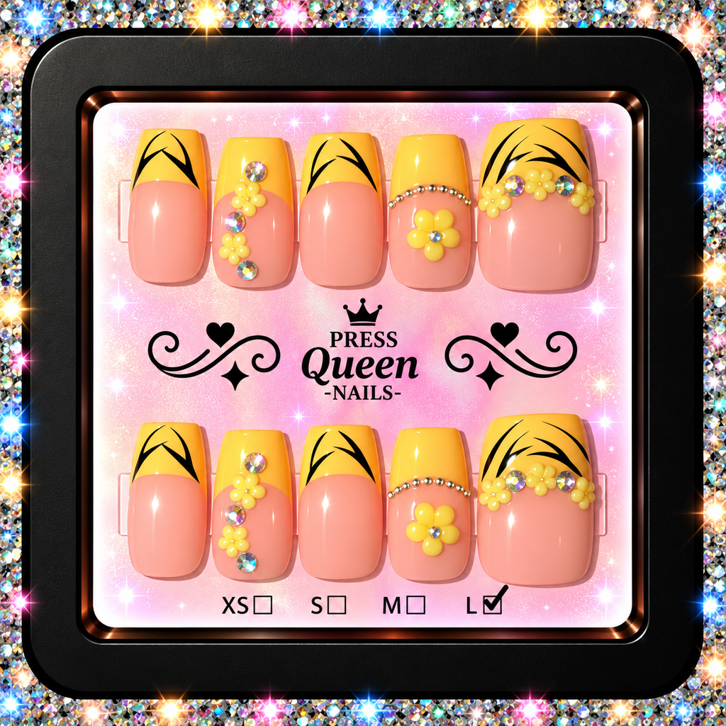 Golden Bloom | Yellow Floral Rhinestone Press-On Nails
