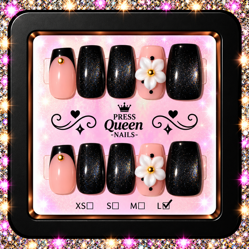 Midnight Daisy | Black Glitter & Blush Floral Press-On Nails