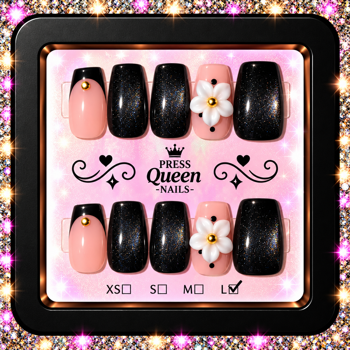 Midnight Daisy | Black Glitter & Blush Floral Press-On Nails