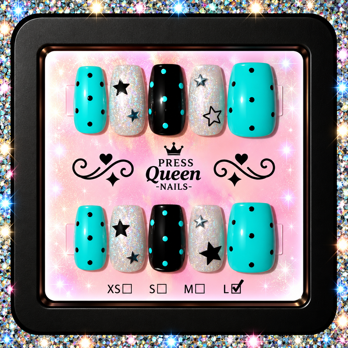Aqua Starlet | Turquoise, Black & Silver Star Press-On Nails