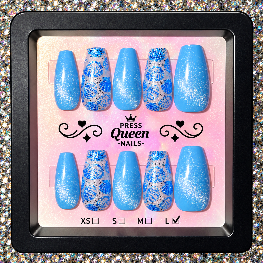 Seashell Dreams | Ocean Blue Glitter Press-On Nails