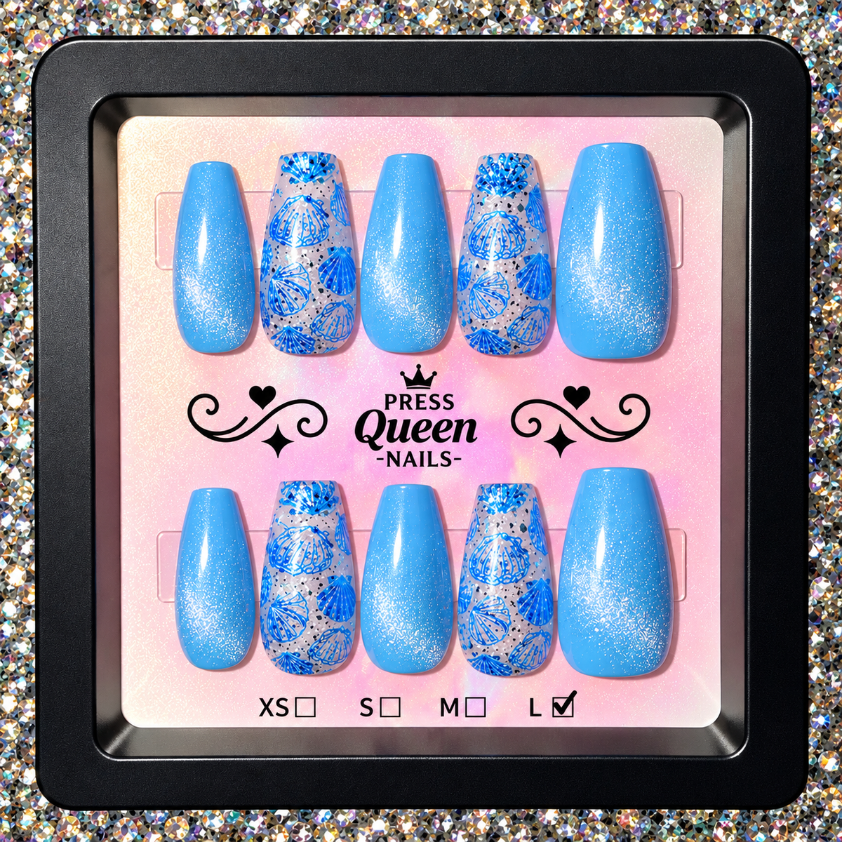 Seashell Dreams | Ocean Blue Glitter Press-On Nails