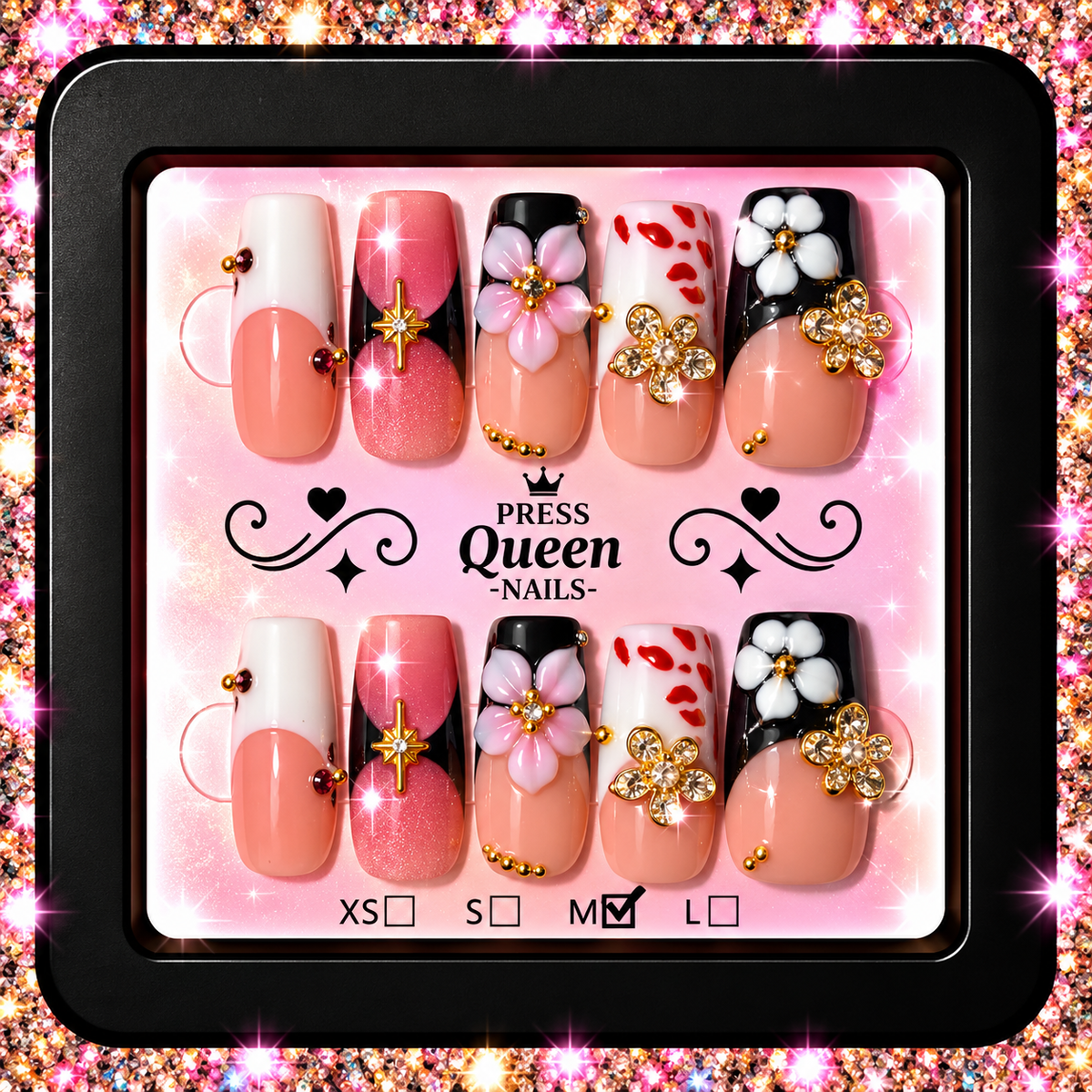 Flirty in Bloom | Pink Floral & Kiss Press-On Nails