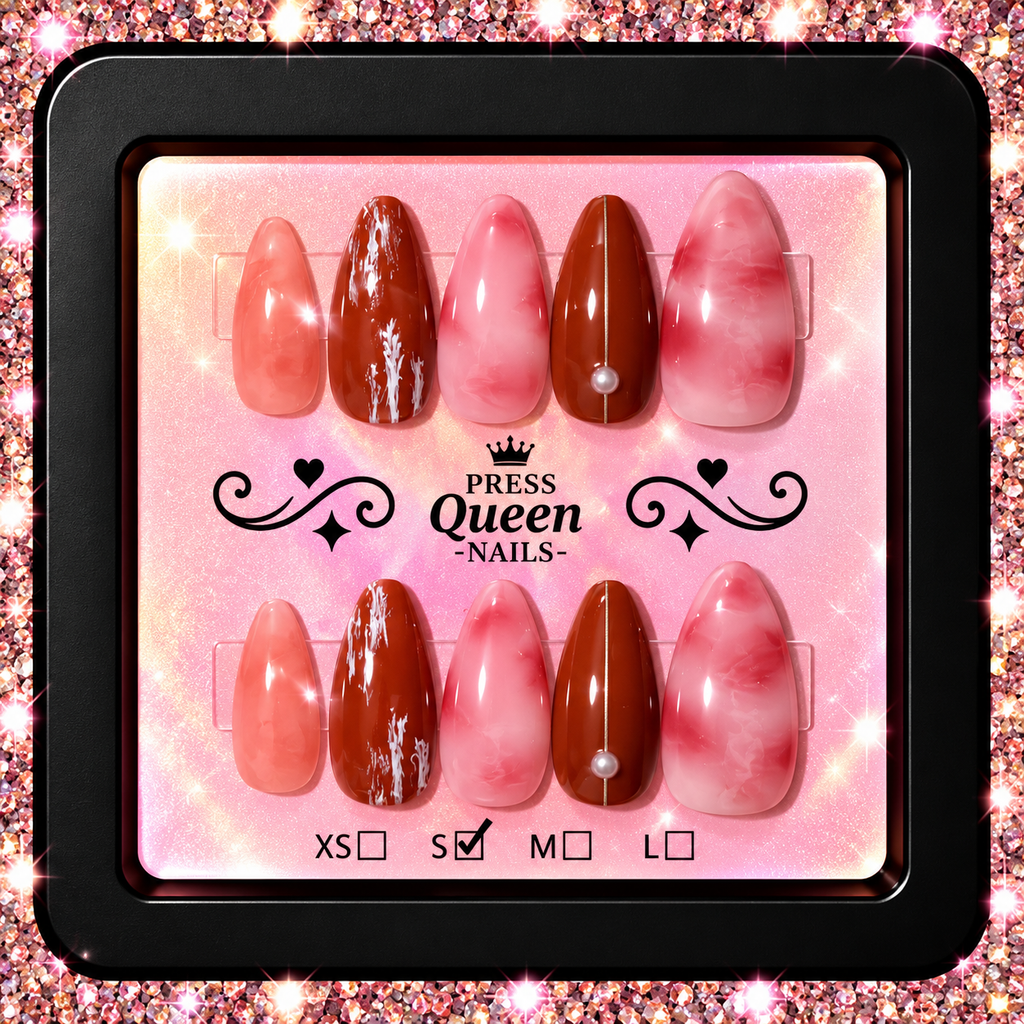 Rosewood Elegance | Pink Marble & Mocha Press-On Nails
