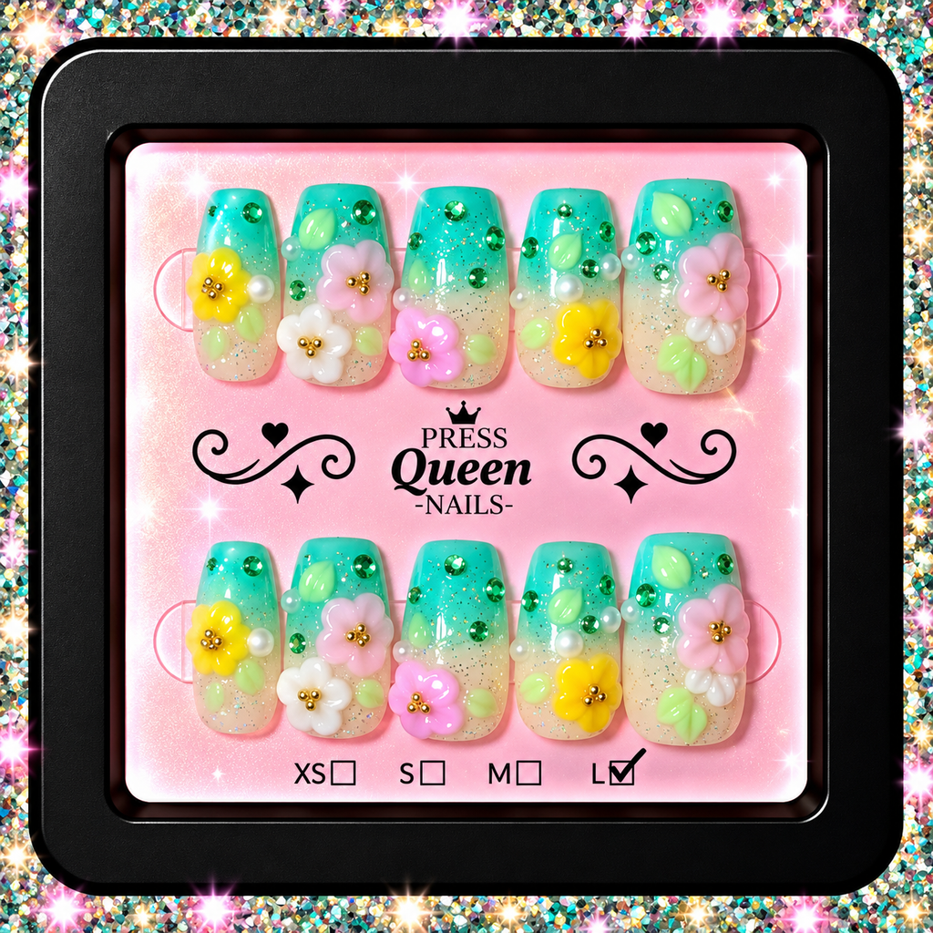 Tropical Bloom | Aqua Floral 3D Press-On Nails