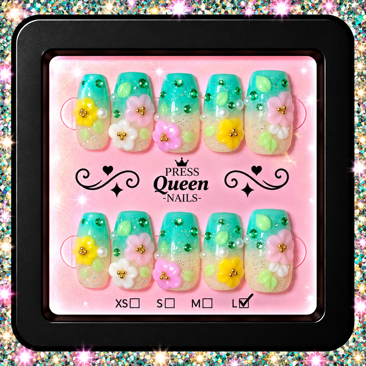 Tropical Bloom | Aqua Floral 3D Press-On Nails