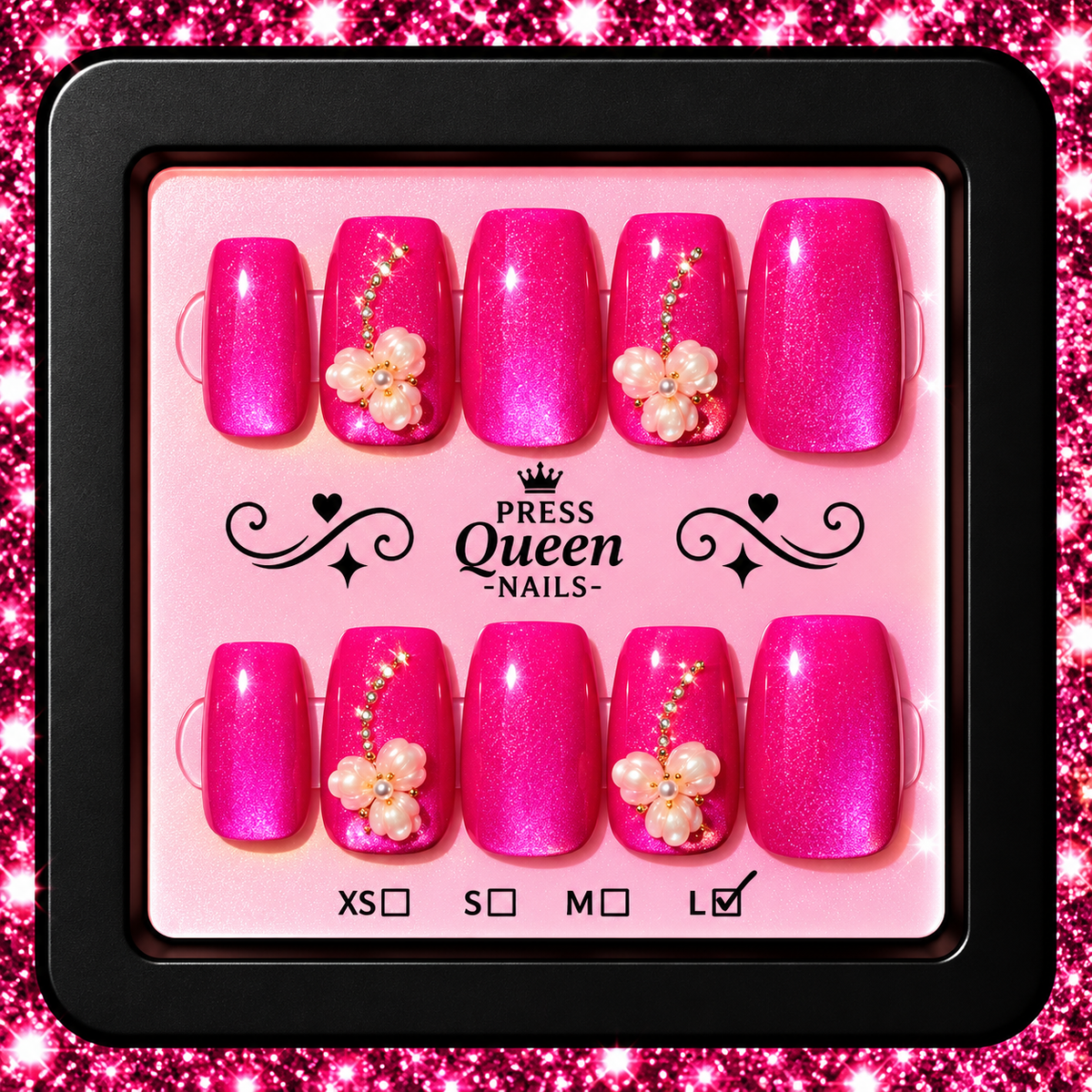 Pretty in Pink | Hot Pink Glitter Floral Press-On Nails