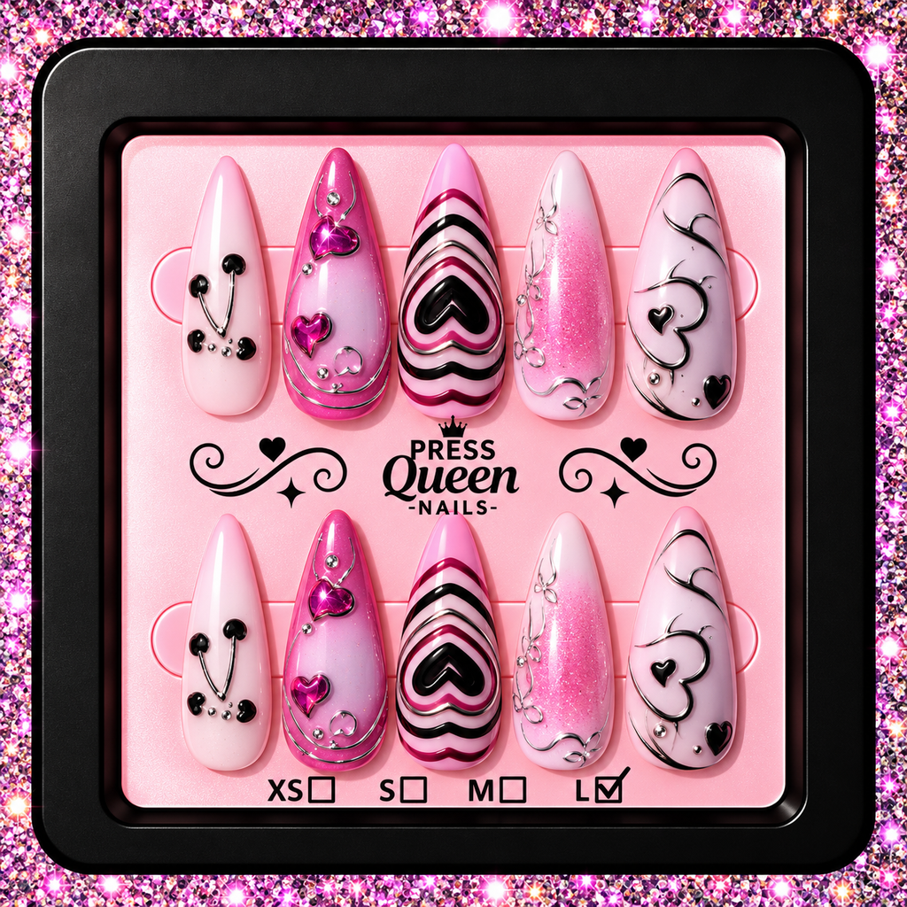 Queen of Hearts | Pink & Black Heart Press-On Nails